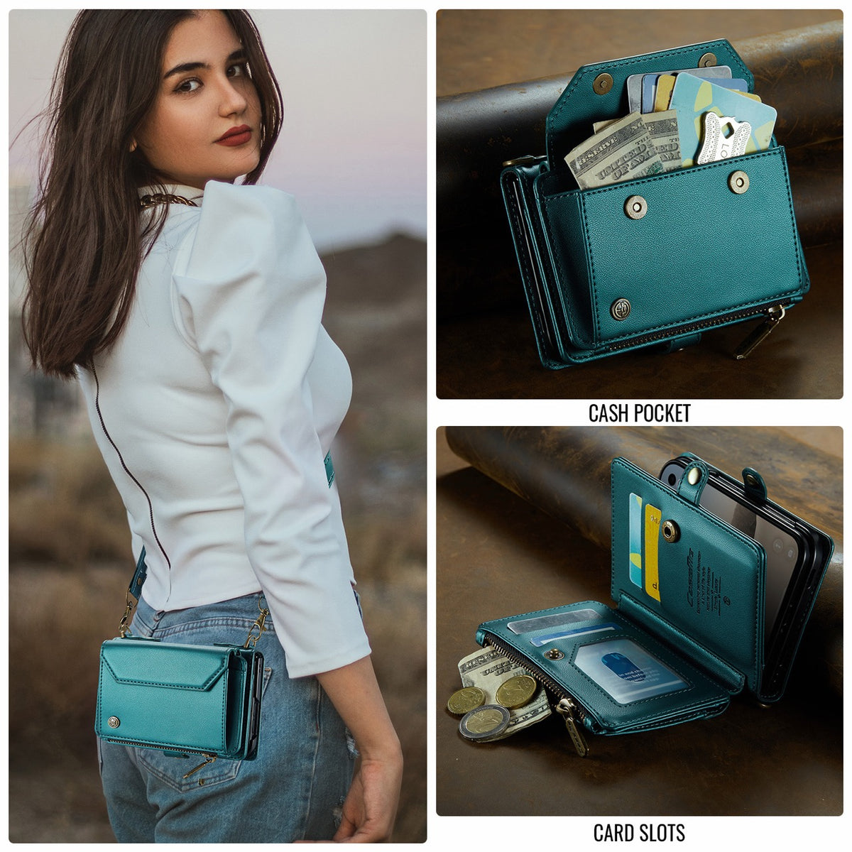 iPhone Duo CaseMe Crossbody Wallet Case with Strap, Card Slots & Zipper Pocket [Teal]