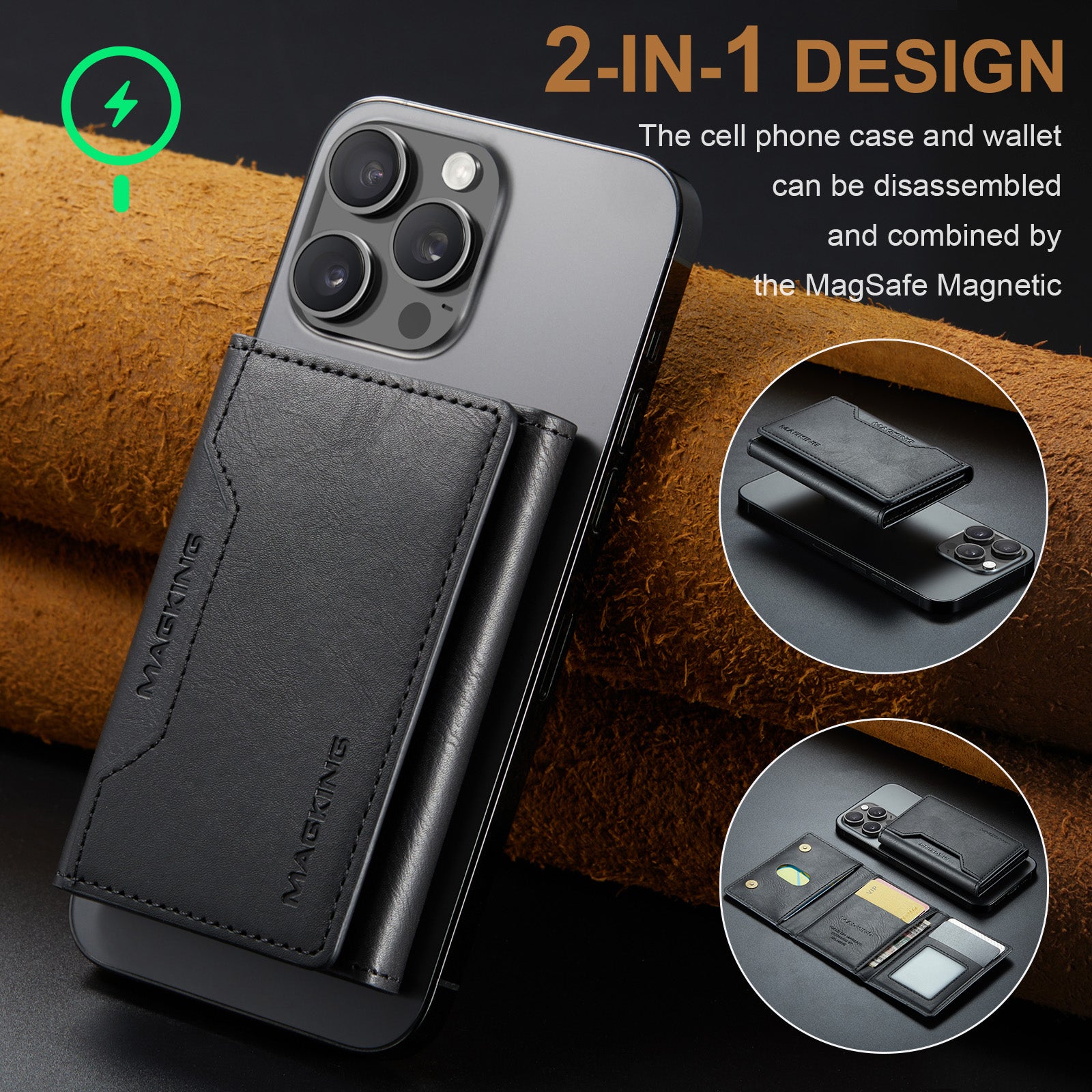 DG.MING K2 MagSafe Wallet – Magnetic Leather Card Holder with RFID Protection [Black]