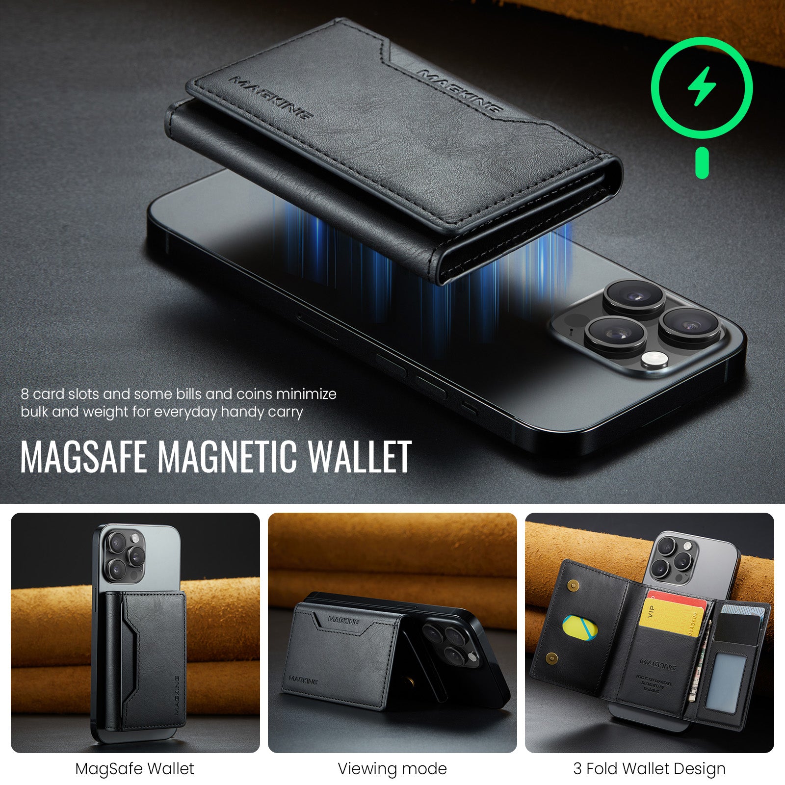 DG.MING K2 MagSafe Wallet – Magnetic Leather Card Holder with RFID Protection [Black]