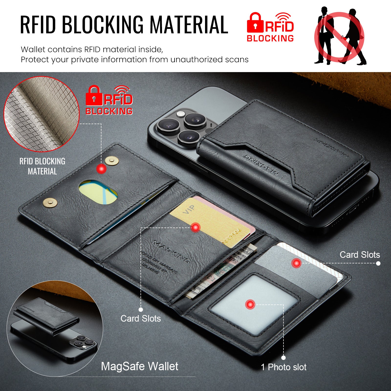 DG.MING K2 MagSafe Wallet – Magnetic Leather Card Holder with RFID Protection [Black]