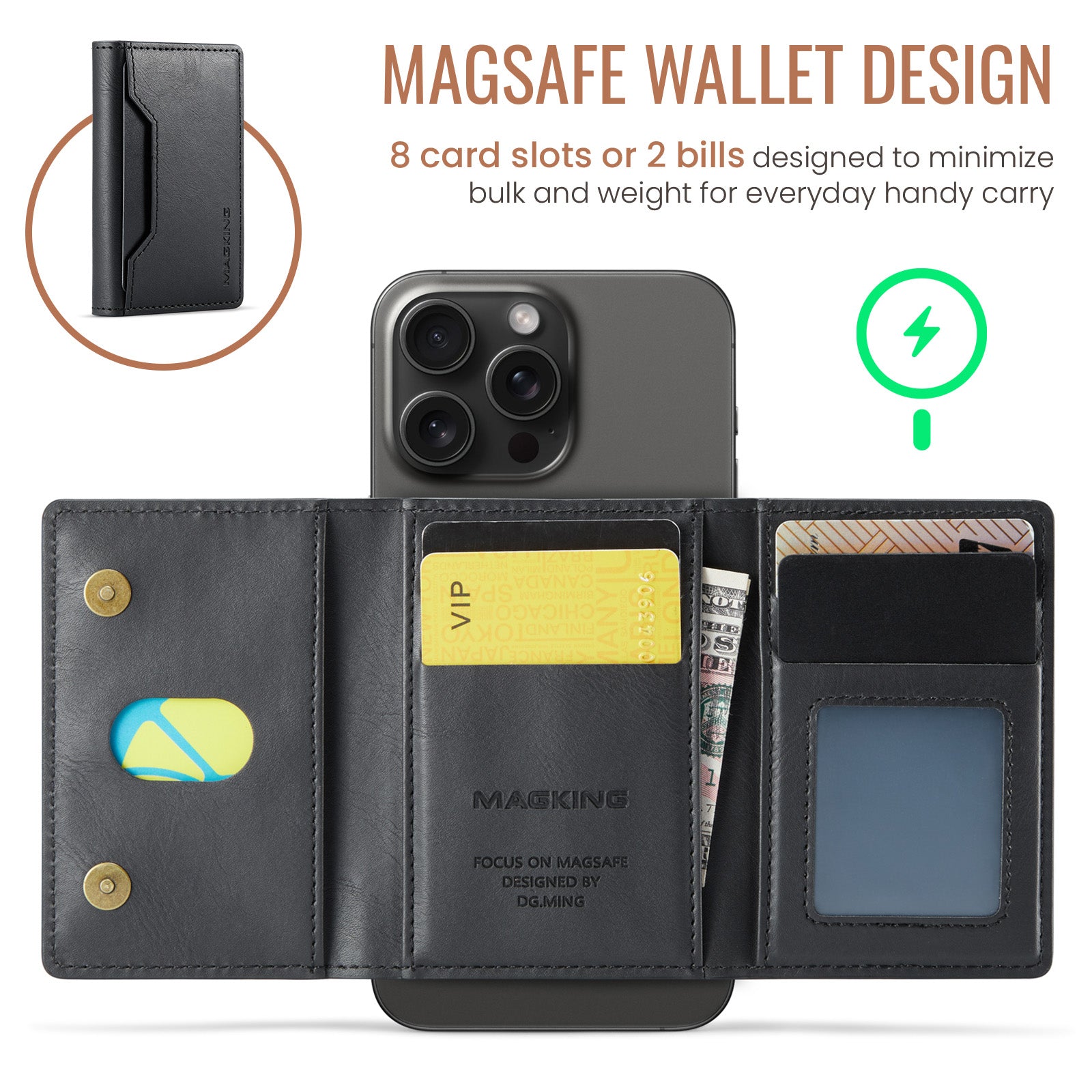 DG.MING K2 MagSafe Wallet – Magnetic Leather Card Holder with RFID Protection [Black]
