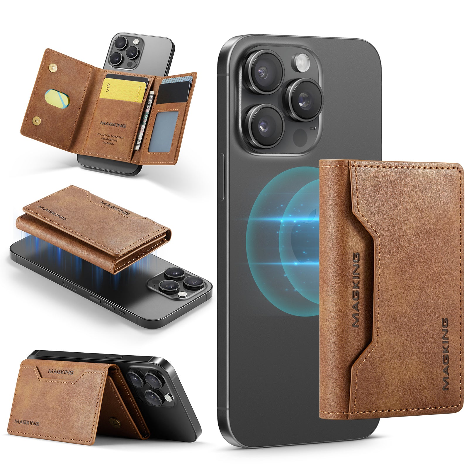 DG.MING K2 MagSafe Wallet – Magnetic Leather Card Holder with RFID Protection [Brown]