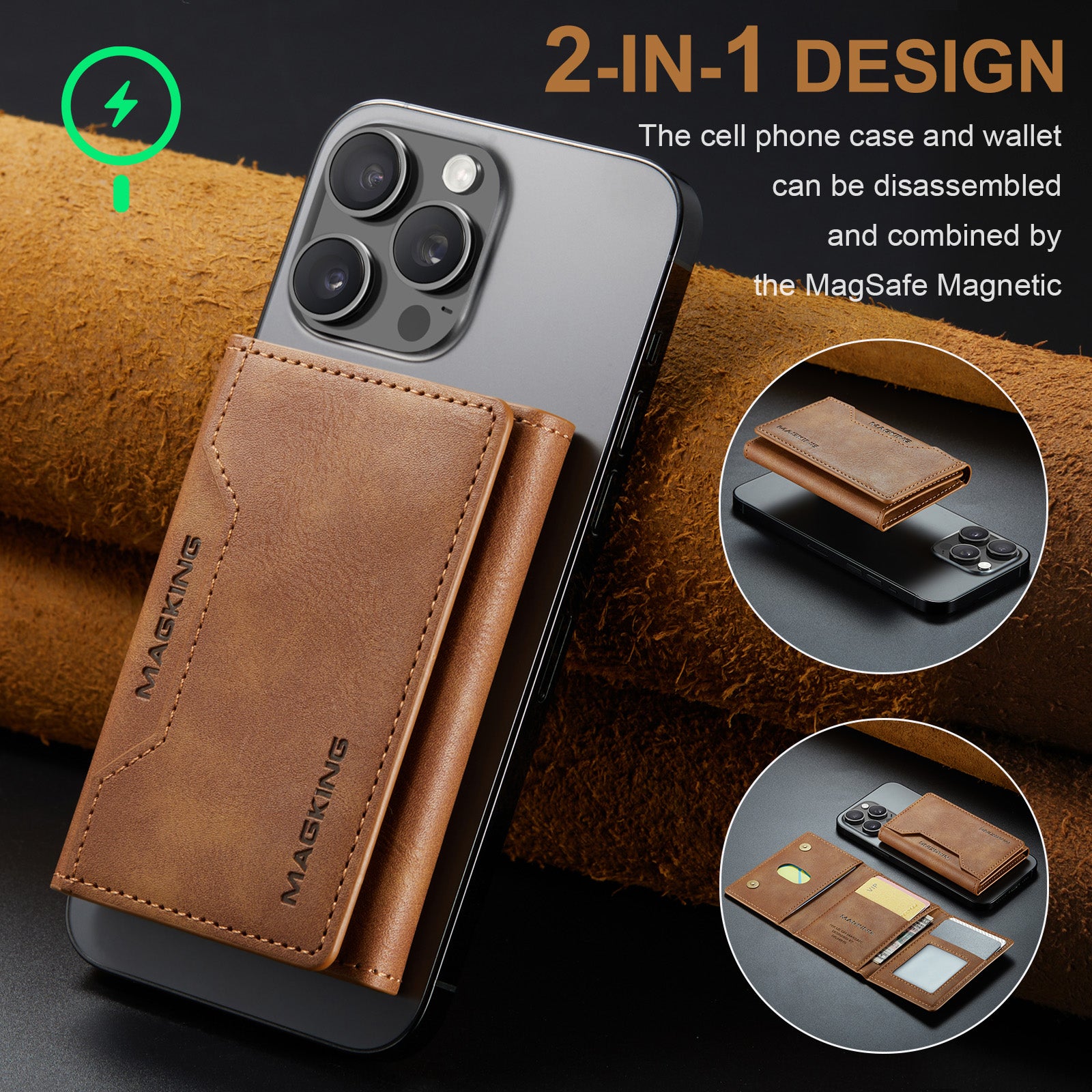 DG.MING K2 MagSafe Wallet – Magnetic Leather Card Holder with RFID Protection [Brown]