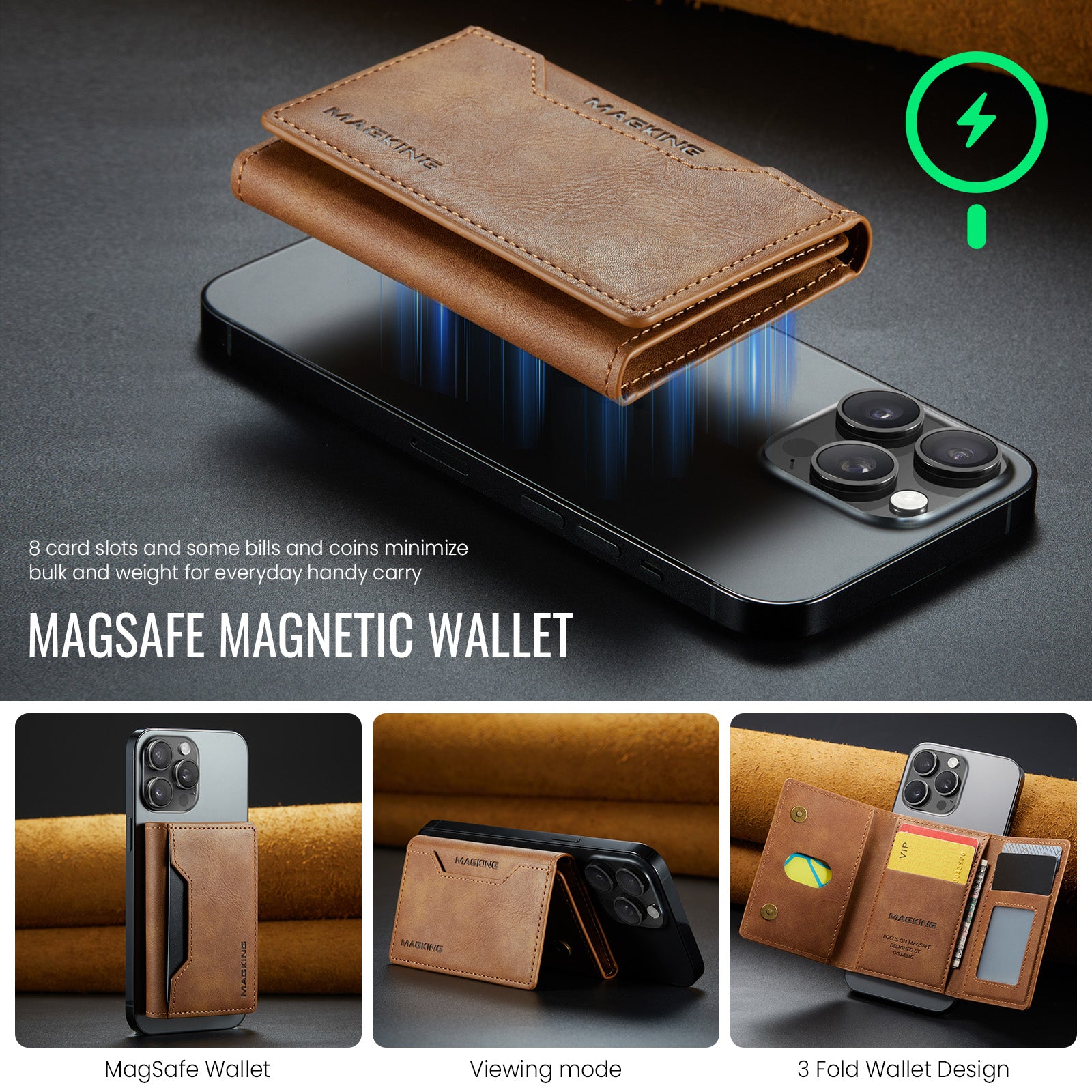 DG.MING K2 MagSafe Wallet – Magnetic Leather Card Holder with RFID Protection [Brown]