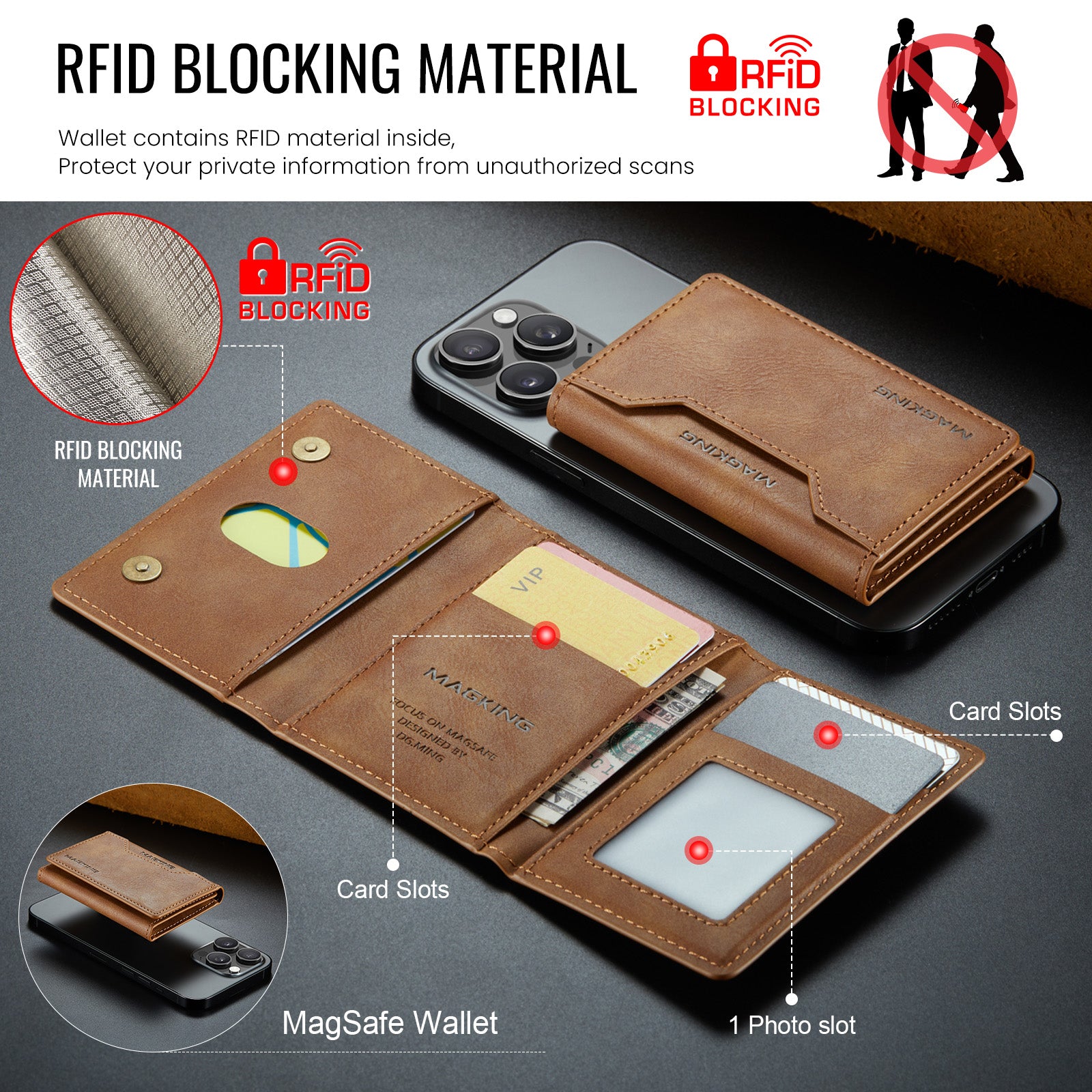 DG.MING K2 MagSafe Wallet – Magnetic Leather Card Holder with RFID Protection [Brown]