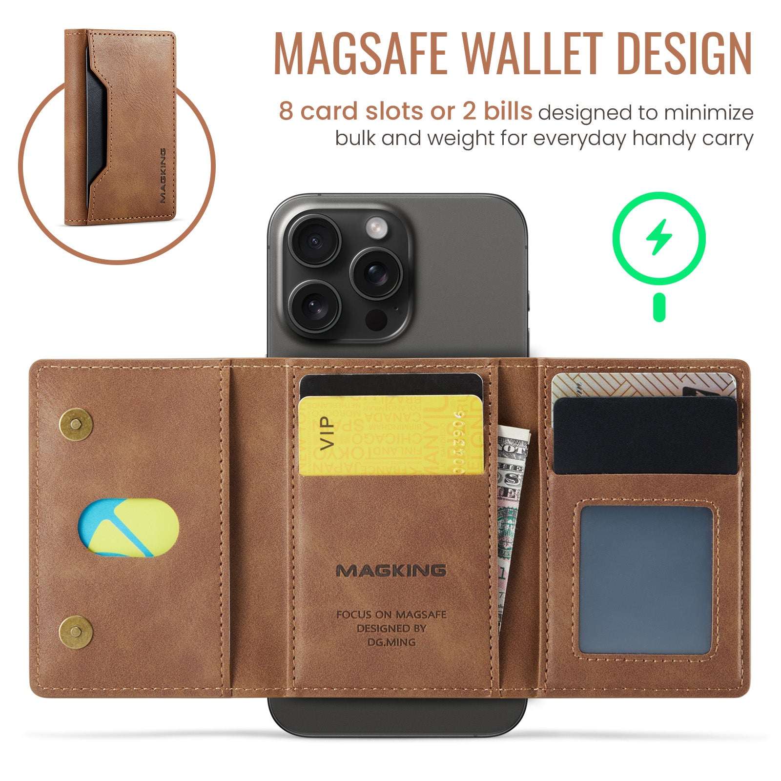 DG.MING K2 MagSafe Wallet – Magnetic Leather Card Holder with RFID Protection [Brown]