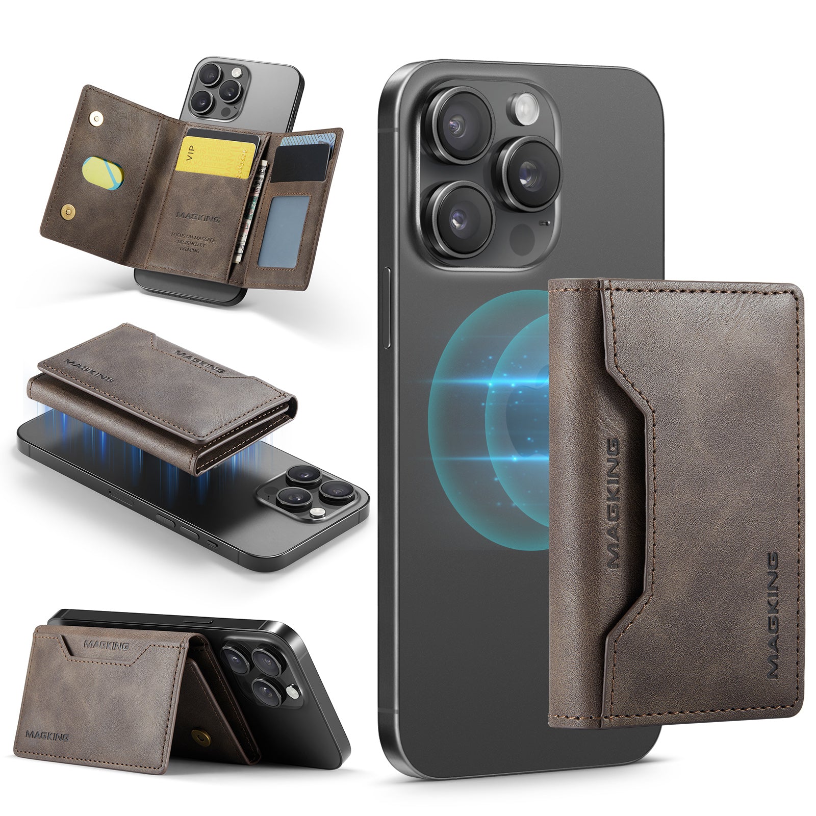 DG.MING K2 MagSafe Wallet – Magnetic Leather Card Holder with RFID Protection [Coffee]
