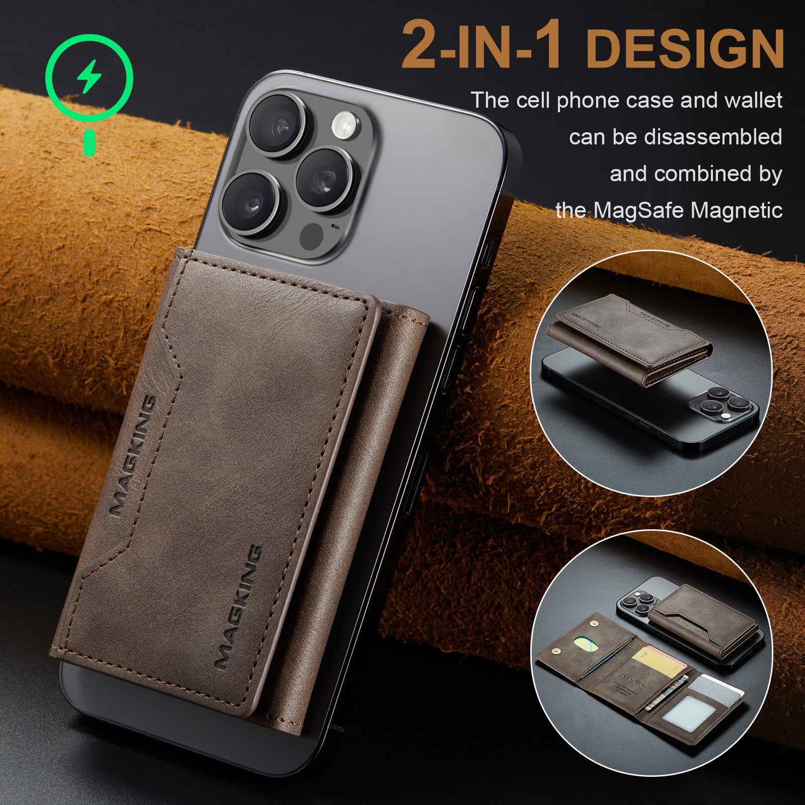 DG.MING K2 MagSafe Wallet – Magnetic Leather Card Holder with RFID Protection [Coffee]