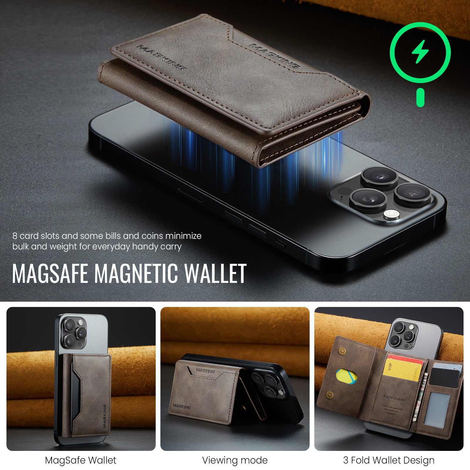 DG.MING K2 MagSafe Wallet – Magnetic Leather Card Holder with RFID Protection [Coffee]