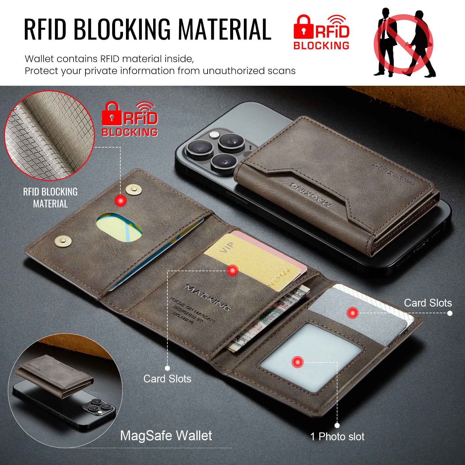 DG.MING K2 MagSafe Wallet – Magnetic Leather Card Holder with RFID Protection [Coffee]