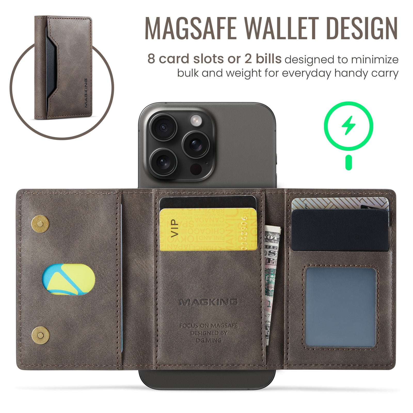 DG.MING K2 MagSafe Wallet – Magnetic Leather Card Holder with RFID Protection [Coffee]