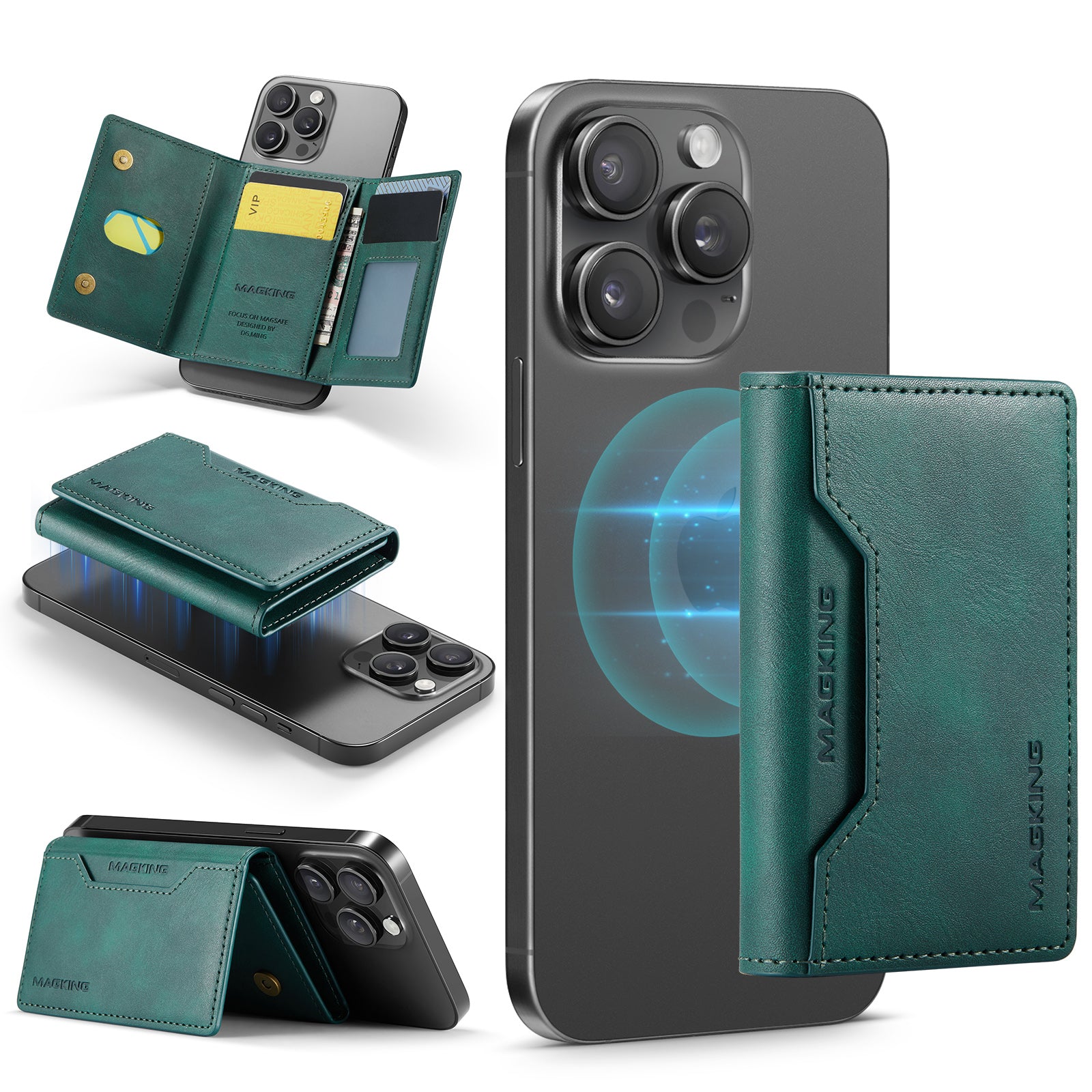 DG.MING K2 MagSafe Wallet – Magnetic Leather Card Holder with RFID Protection [Green]