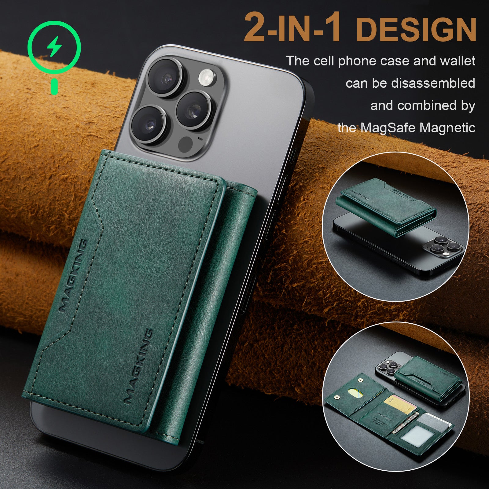 DG.MING K2 MagSafe Wallet – Magnetic Leather Card Holder with RFID Protection [Green]