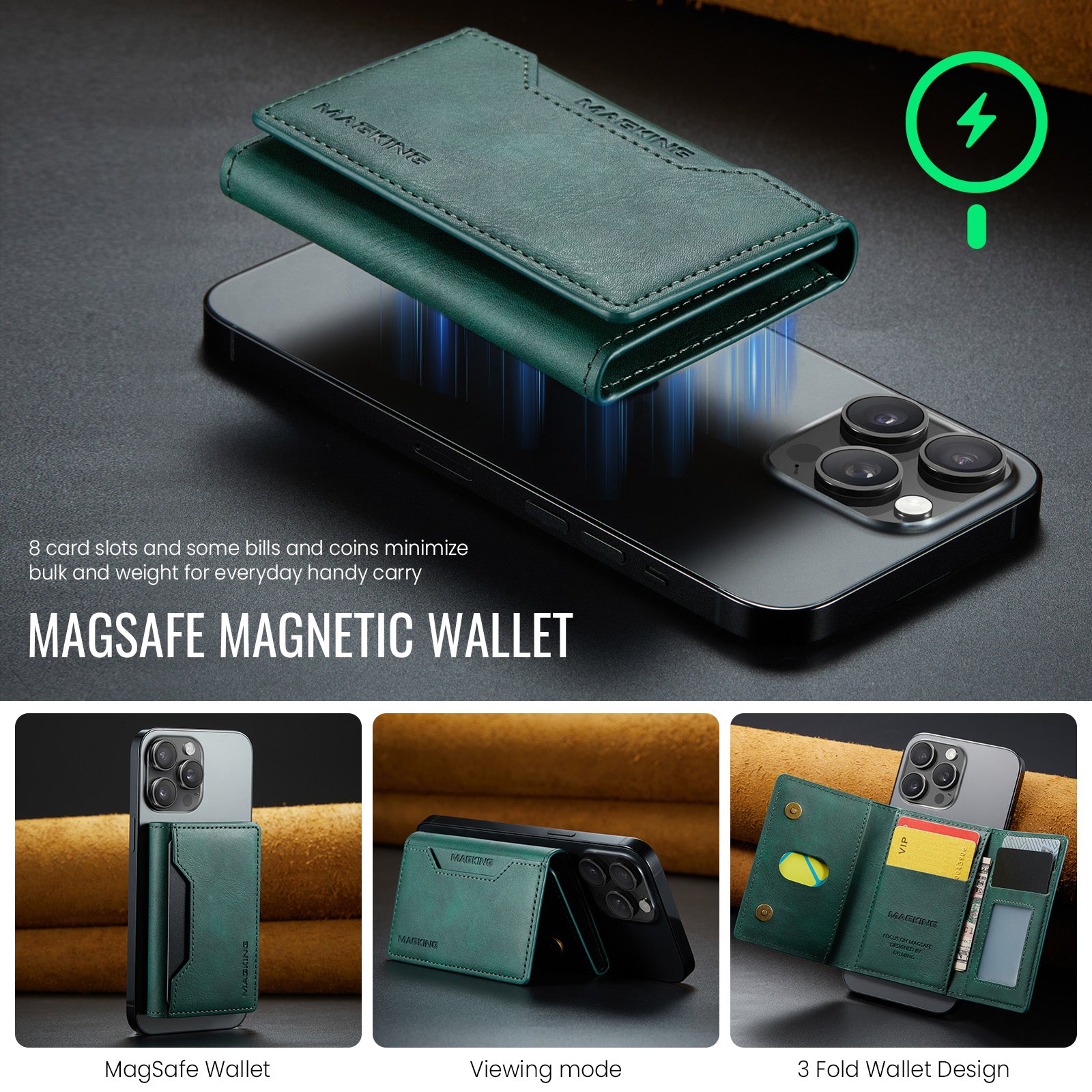 DG.MING K2 MagSafe Wallet – Magnetic Leather Card Holder with RFID Protection [Green]