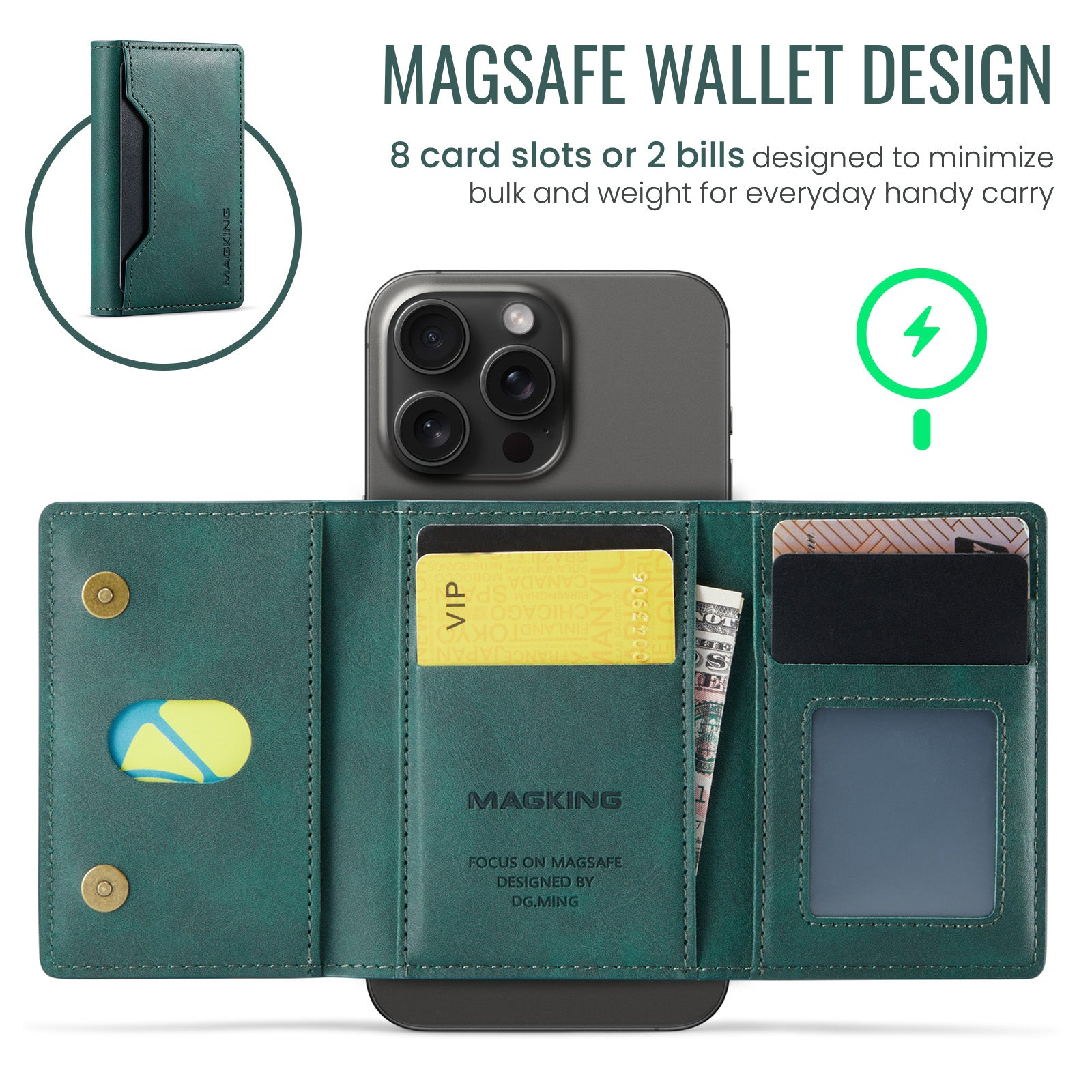 DG.MING K2 MagSafe Wallet – Magnetic Leather Card Holder with RFID Protection [Green]