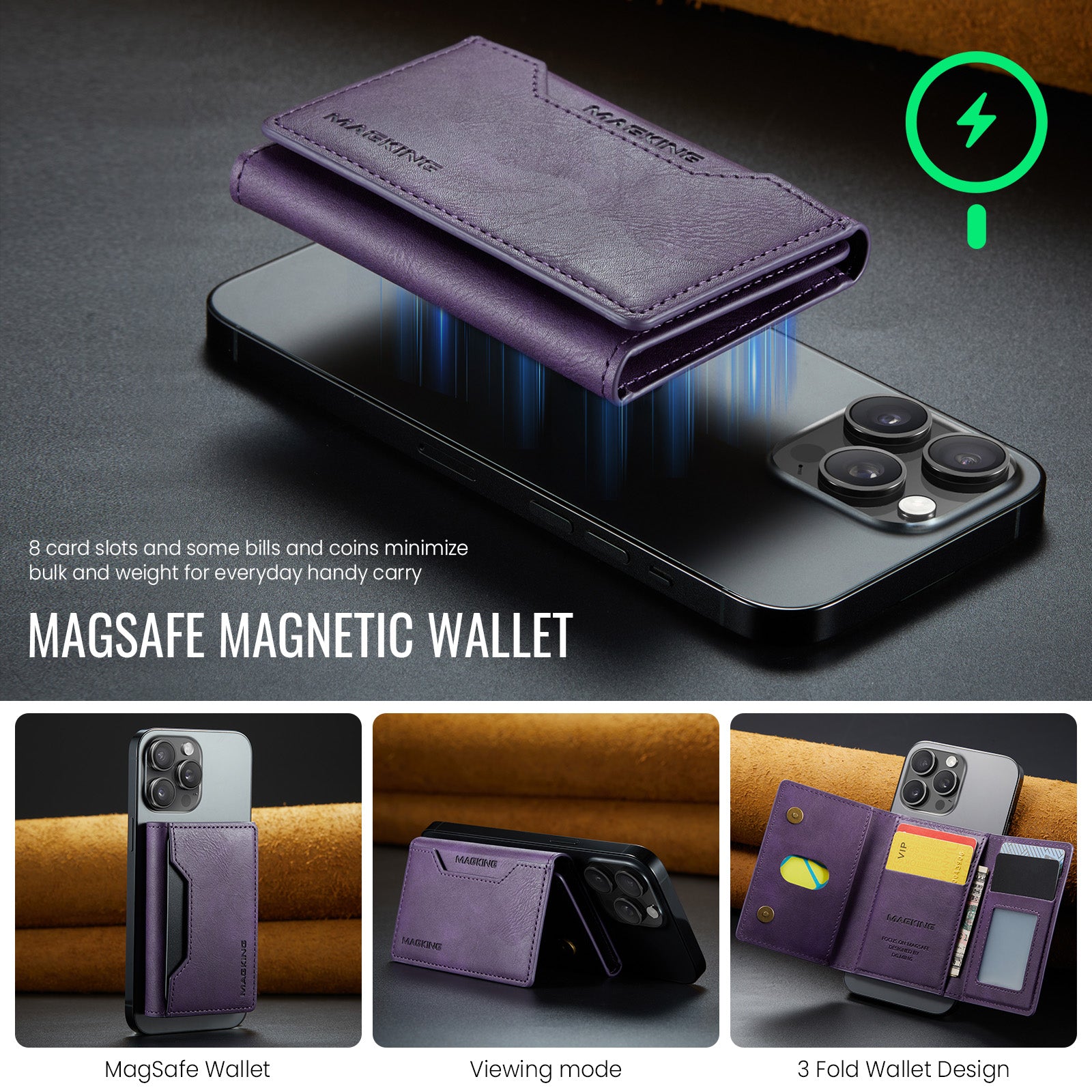 DG.MING K2 MagSafe Wallet – Magnetic Leather Card Holder with RFID Protection [Purple]