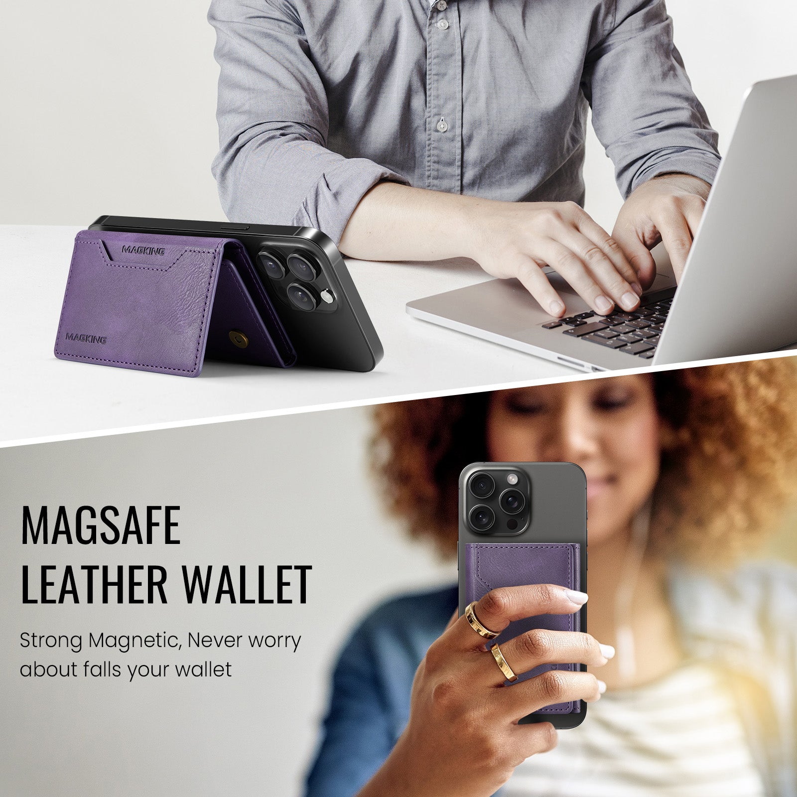 DG.MING K2 MagSafe Wallet – Magnetic Leather Card Holder with RFID Protection [Purple]