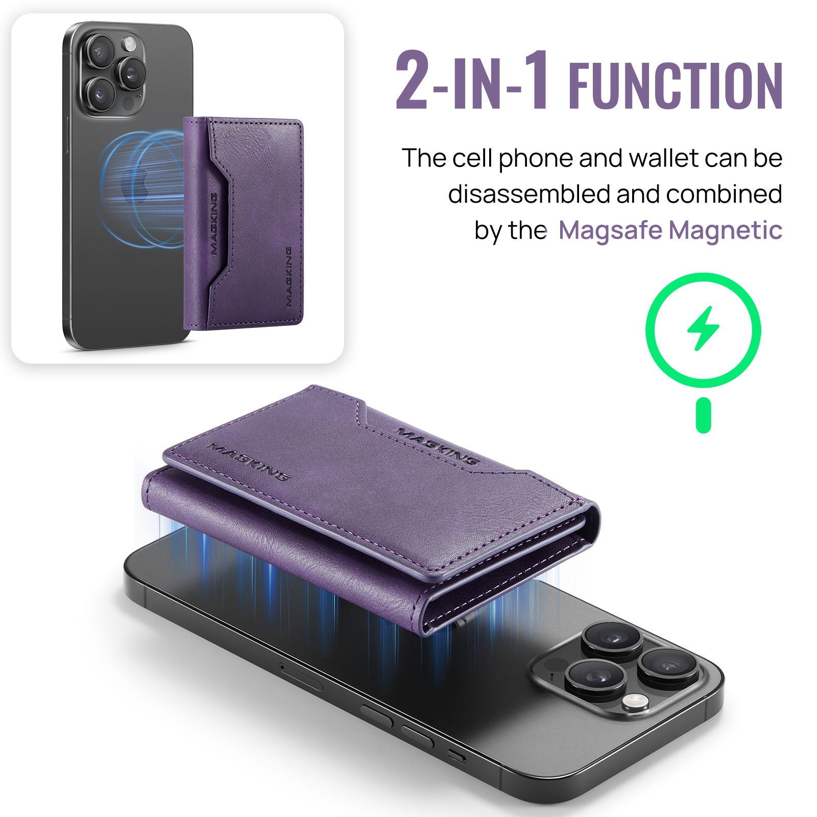 DG.MING K2 MagSafe Wallet – Magnetic Leather Card Holder with RFID Protection [Purple]