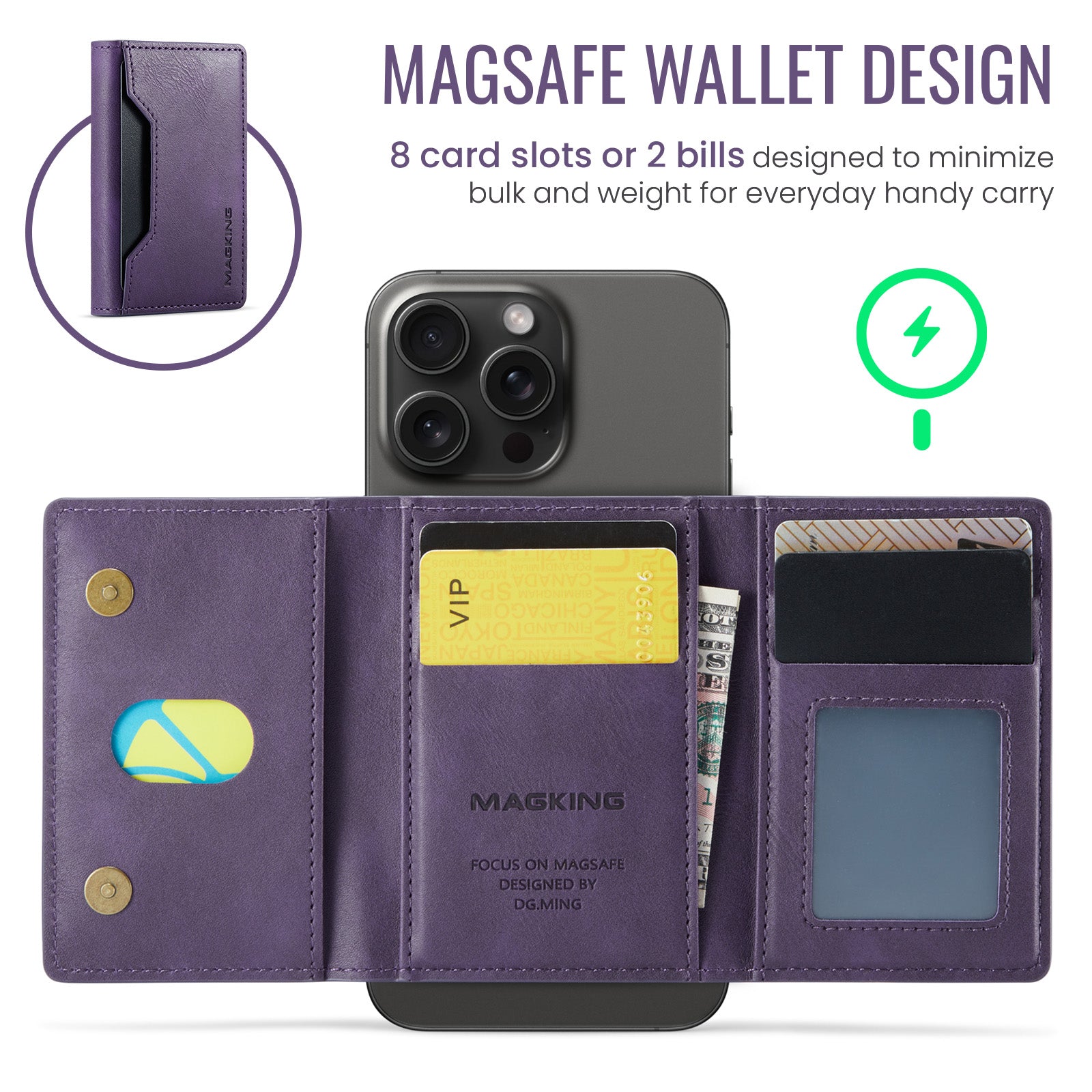 DG.MING K2 MagSafe Wallet – Magnetic Leather Card Holder with RFID Protection [Purple]