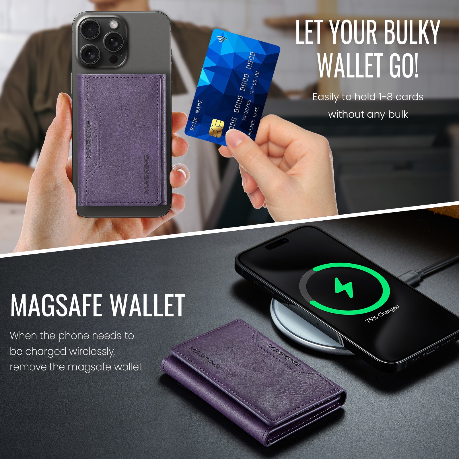 DG.MING K2 MagSafe Wallet – Magnetic Leather Card Holder with RFID Protection [Purple]