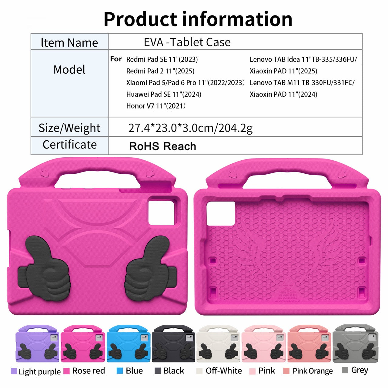 Lenovo Idea Tab 11 (11-inch, 2025, TB336FU) Kids EVA Shockproof Thumb Stand Case (Rose)