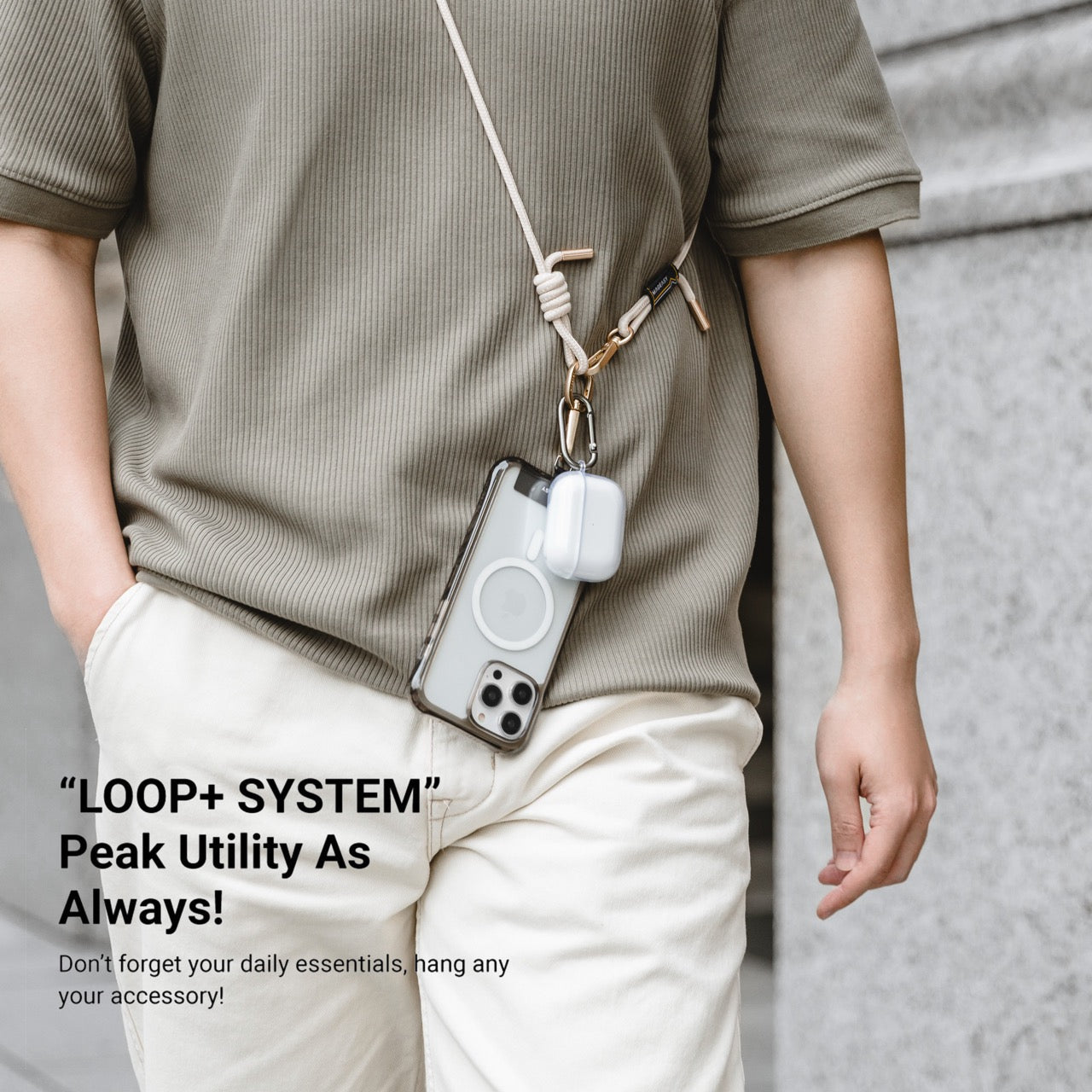 Mageasy 6mm Universal Crossbody Phone Strap with Strap Card - Beige