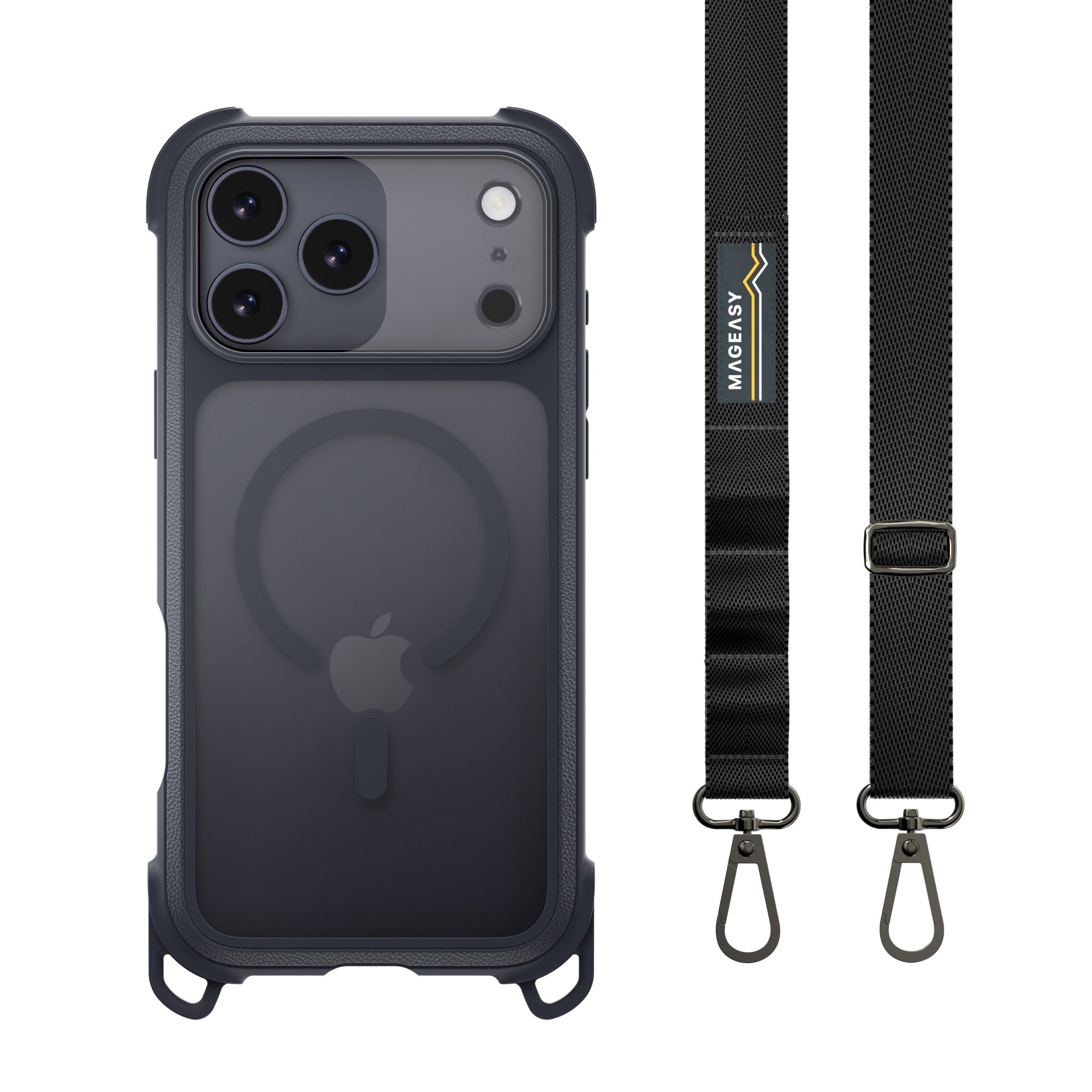 Mageasy Odyssey Strap M MagSafe Rugged Lanyard Case - iPhone 17 Pro Max - Leatherette Midnight/Black