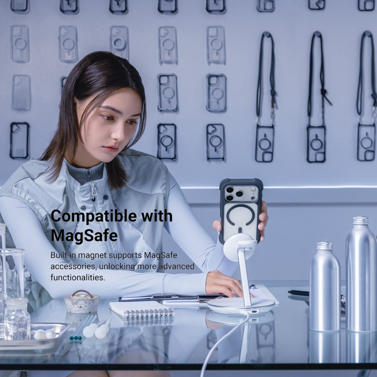 Mageasy Odyssey Strap M MagSafe Rugged Lanyard Case - iPhone 17 Pro - Leatherette Midnight/Black