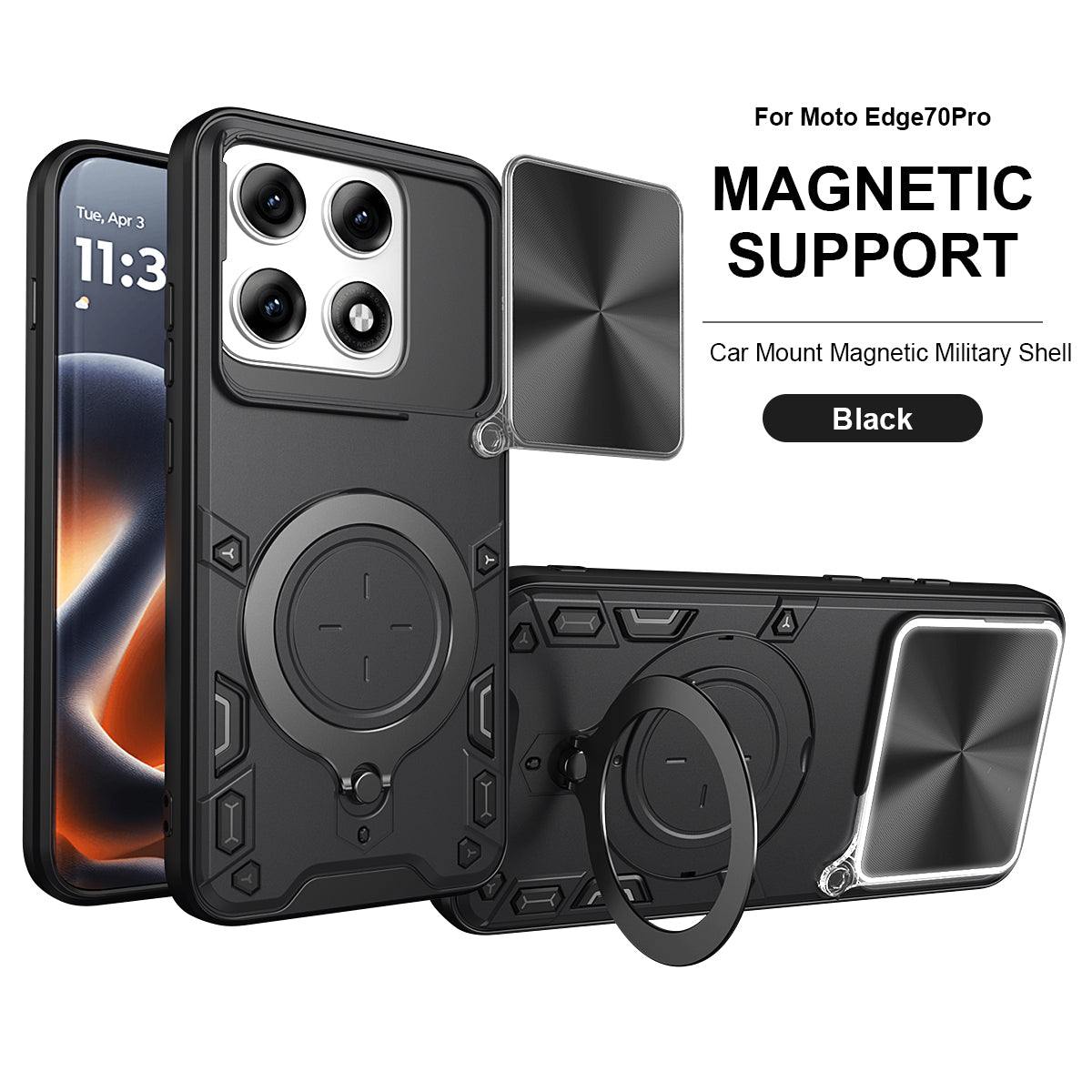 Motorola Edge 70 Pro Ring Kickstand Case w/ Camera Cover [Black]