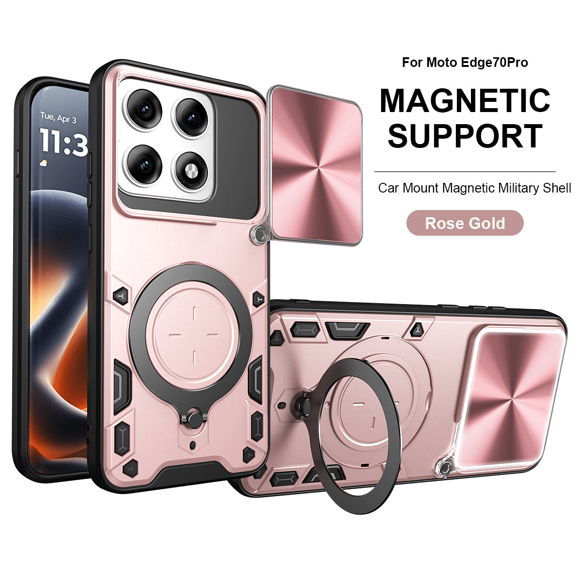 Motorola Edge 70 Pro Ring Kickstand Case w/ Camera Cover [Rose Gold]