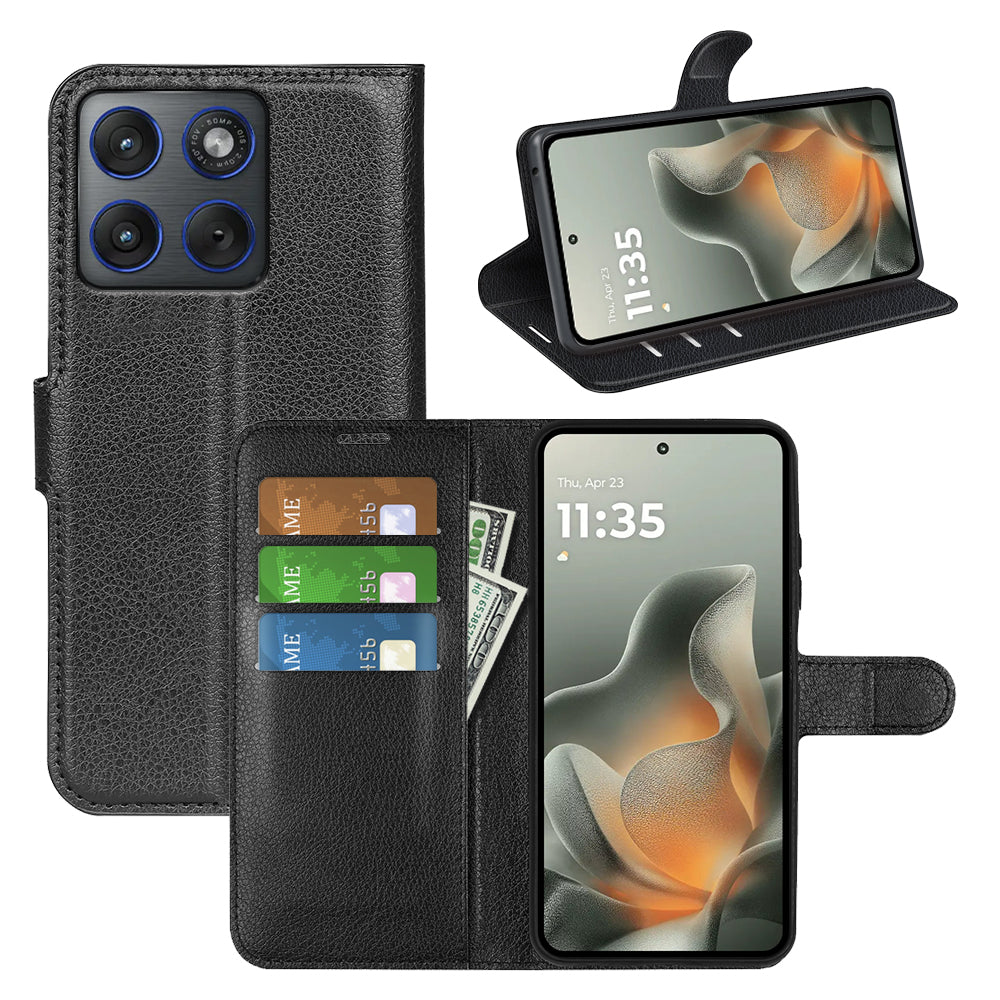 Wallet Case for Motorola Edge 70 – PU Leather Flip Cover with Card Holder & Stand [Black]