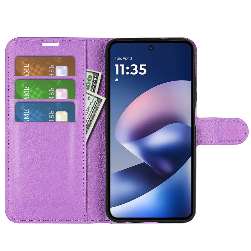 Wallet Case for Motorola Moto G37 / G47 – PU Leather Flip Cover with Card Holder & Stand [Purple]