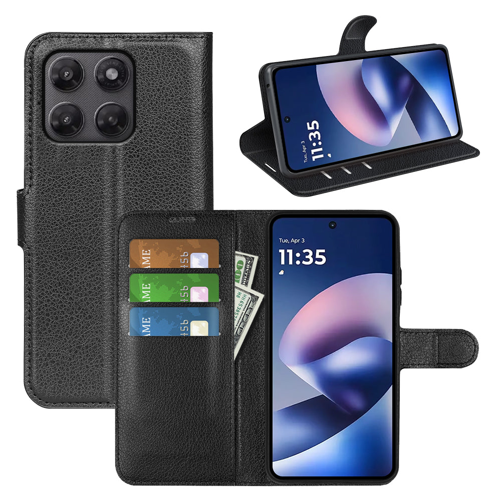 Wallet Case for Motorola Moto G37 / G47 – PU Leather Flip Cover with Card Holder & Stand [Black]