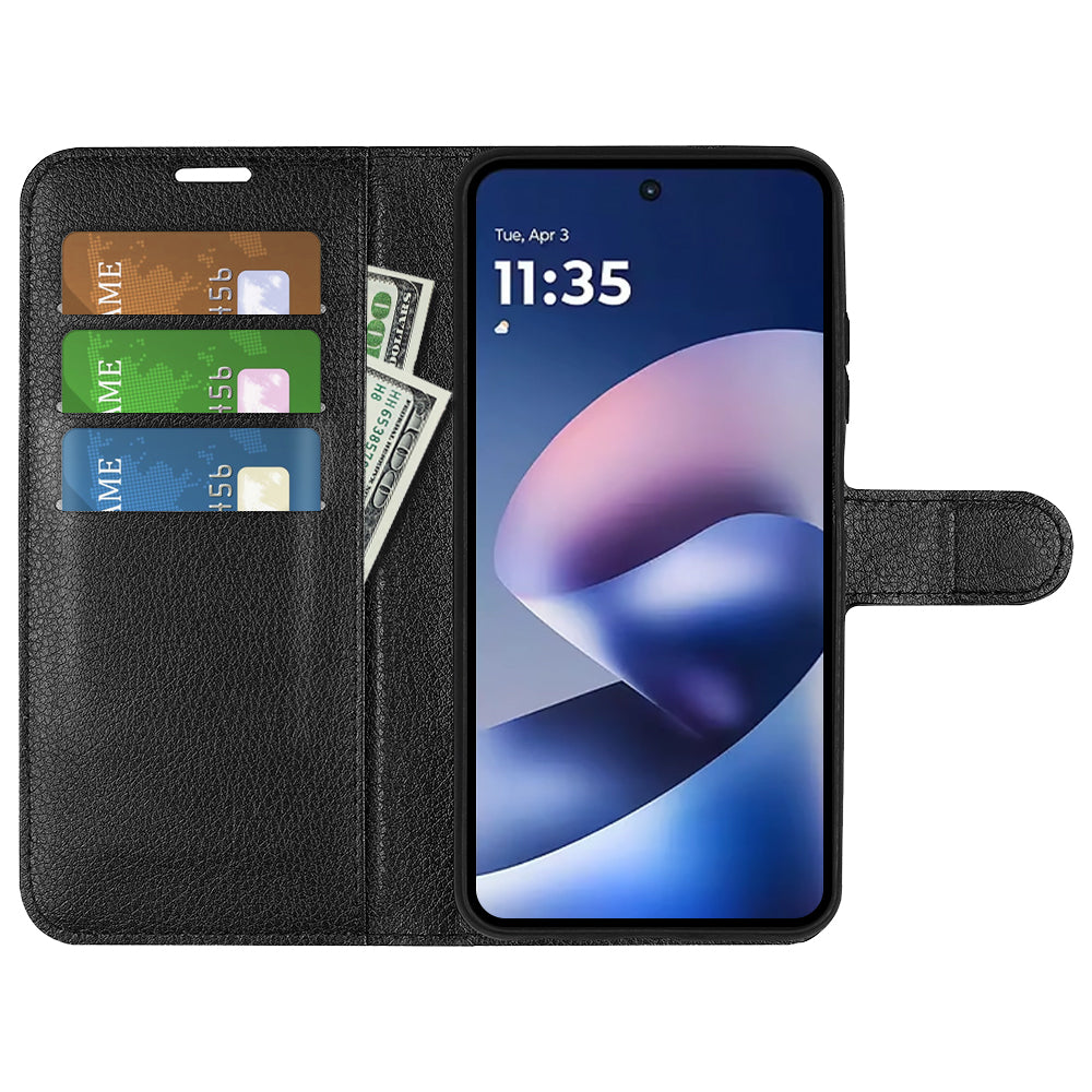 Wallet Case for Motorola Moto G37 / G47 – PU Leather Flip Cover with Card Holder & Stand [Black]