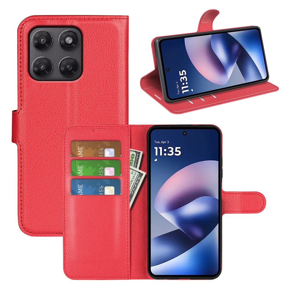 Wallet Case for Motorola Moto G37 / G47 – PU Leather Flip Cover with Card Holder & Stand [Red]