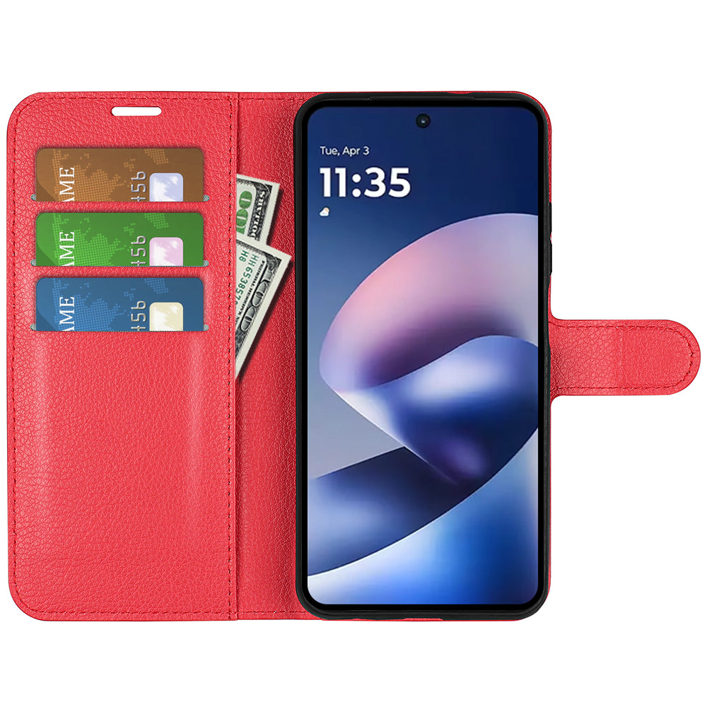 Wallet Case for Motorola Moto G37 / G47 – PU Leather Flip Cover with Card Holder & Stand [Red]