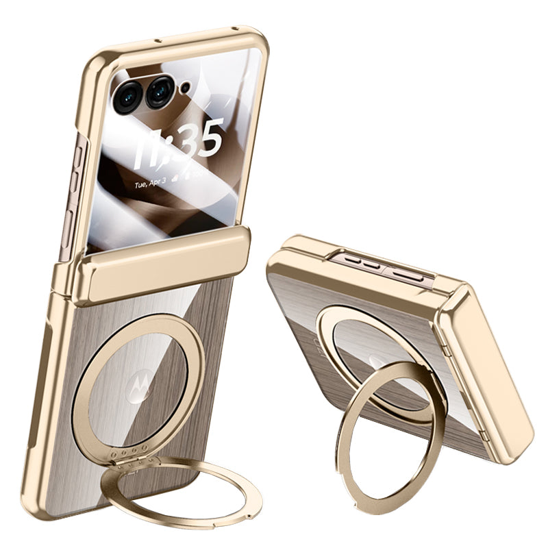 Clear 360°Rotating Magnetic Ring Stand Case for Motorola Razr 60 Ultra with Tempered Glass[Gold]