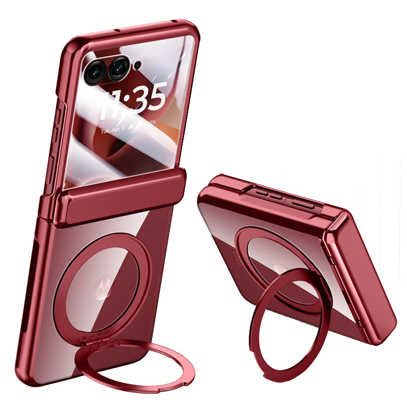 Clear 360°Rotating Magnetic Ring Stand Case for Motorola Razr 60 Ultra with Tempered Glass [Red]