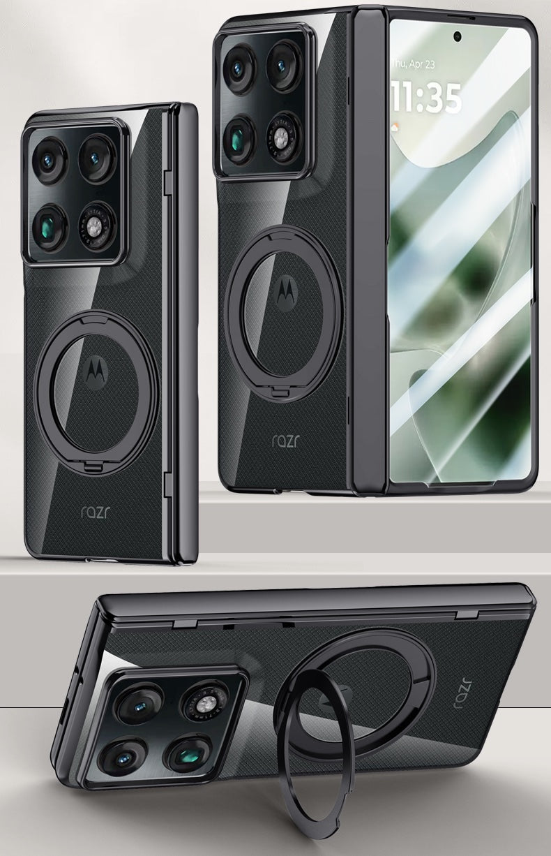 Motorola Razr Fold Clear Magnetic Case - 360° Rotating Ring Stand & Hinge Shield [Black]