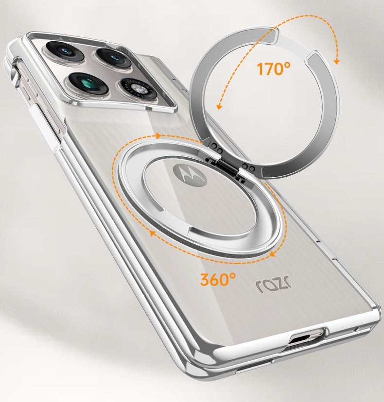Motorola Razr Fold Clear Magnetic Case - 360° Rotating Ring Stand & Hinge Shield [Silver]