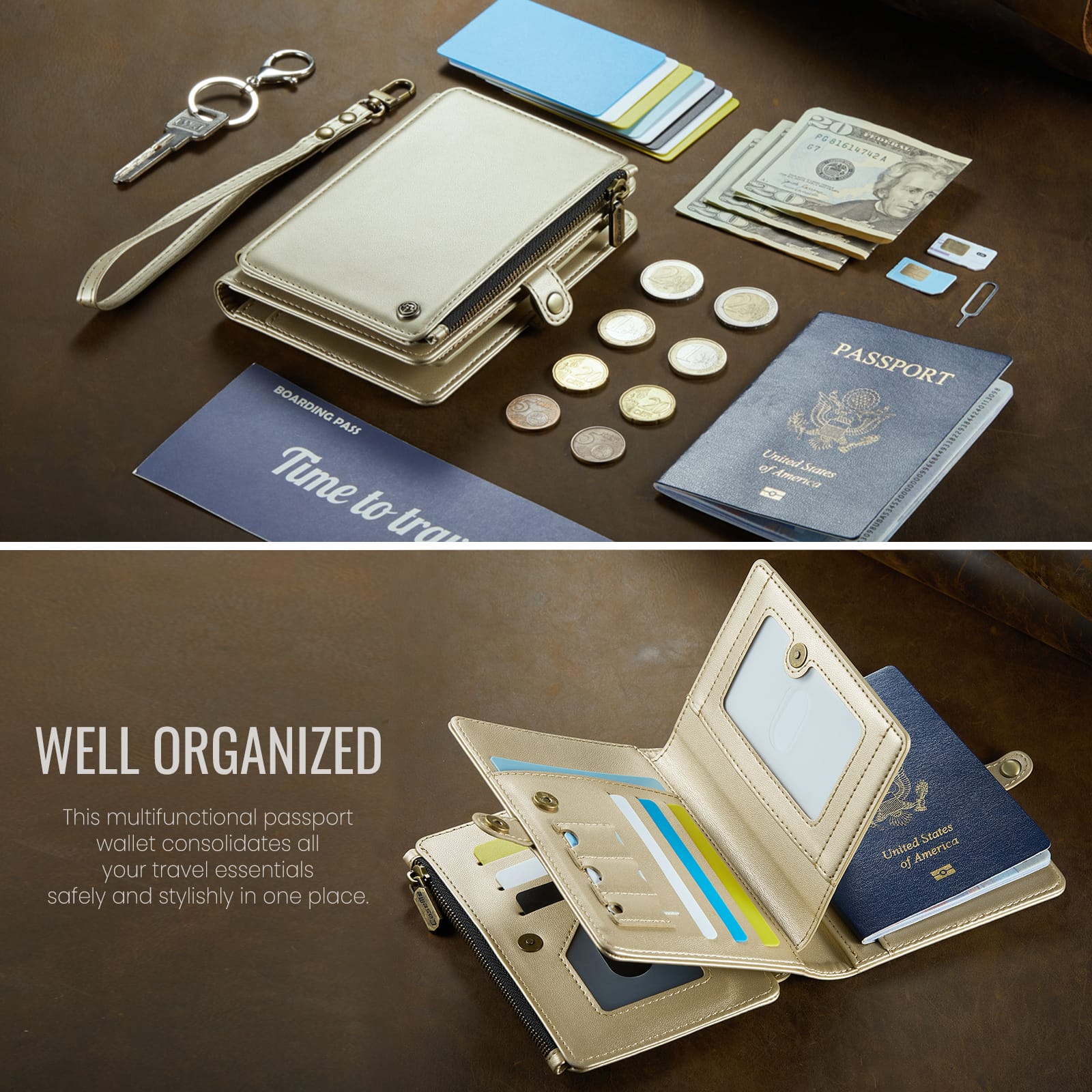 Caseme RFID Blocking Passport Holder Wallet – Leather Travel Organizer [Gold]