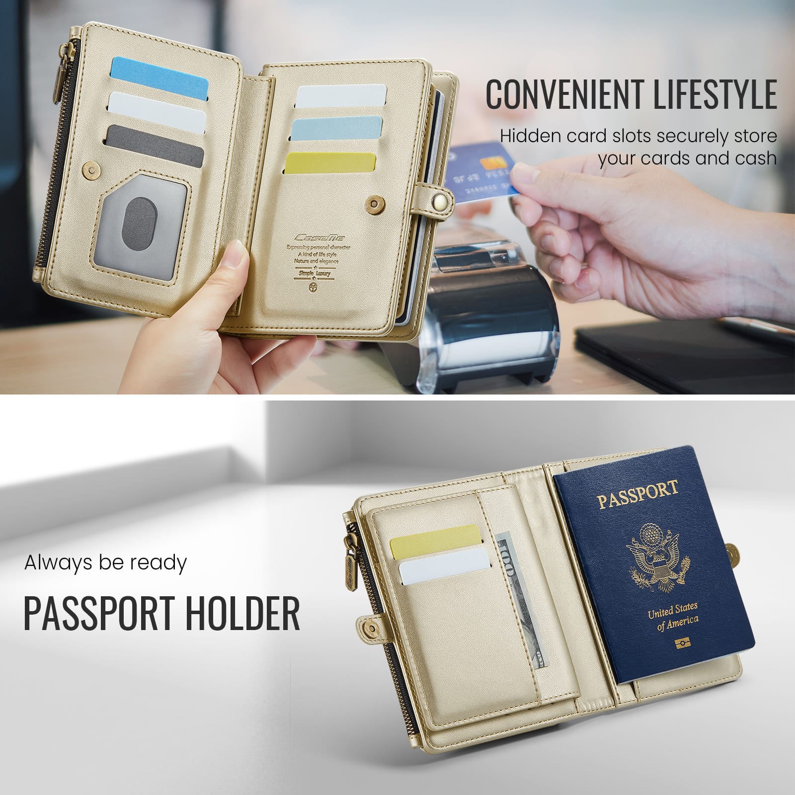 Caseme RFID Blocking Passport Holder Wallet – Leather Travel Organizer [Gold]