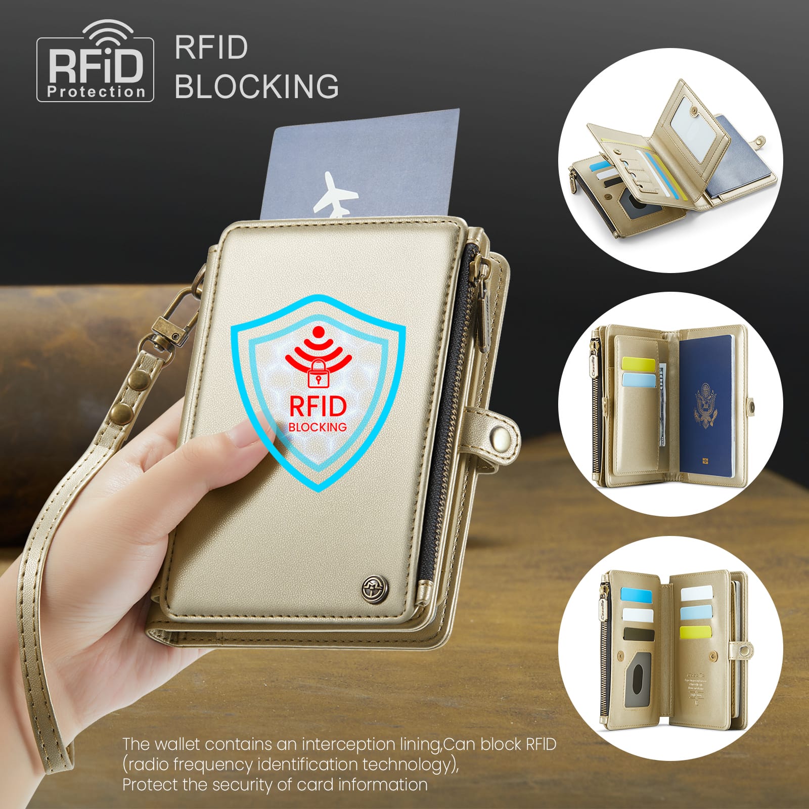 Caseme RFID Blocking Passport Holder Wallet – Leather Travel Organizer [Gold]