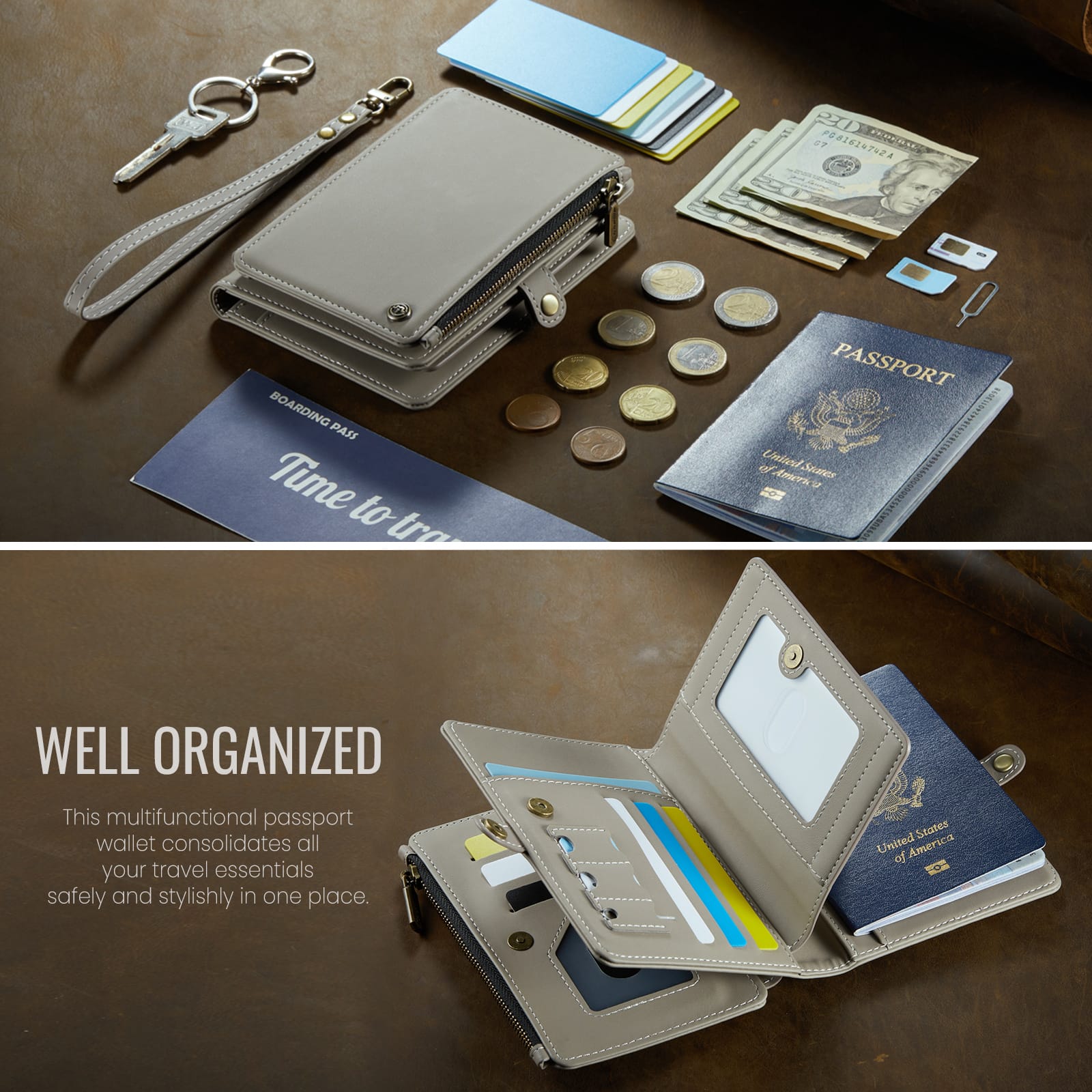 Caseme RFID Blocking Passport Holder Wallet – Leather Travel Organizer [Grey]