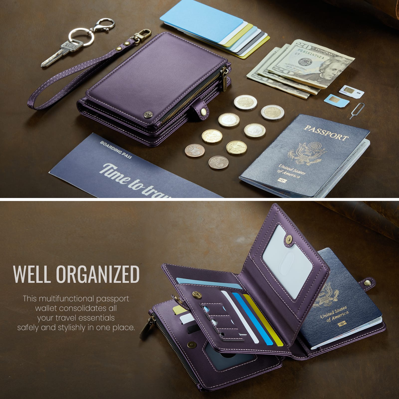 Caseme RFID Blocking Passport Holder Wallet – Leather Travel Organizer [Purple]