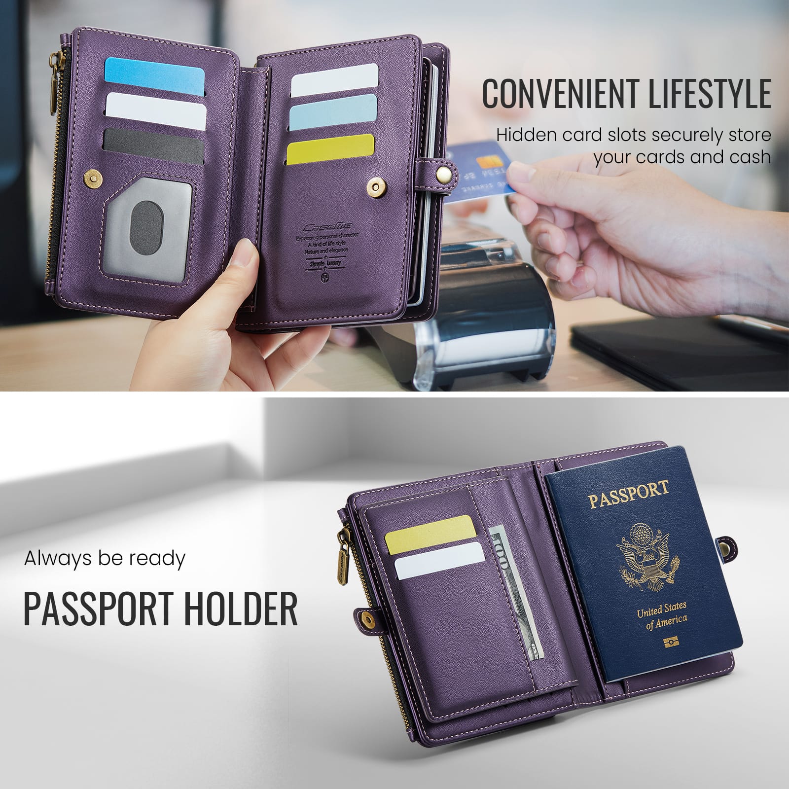 Caseme RFID Blocking Passport Holder Wallet – Leather Travel Organizer [Purple]