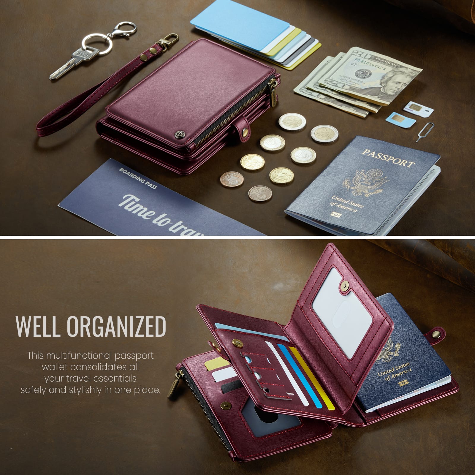Caseme RFID Blocking Passport Holder Wallet – Leather Travel Organizer [Maroon]