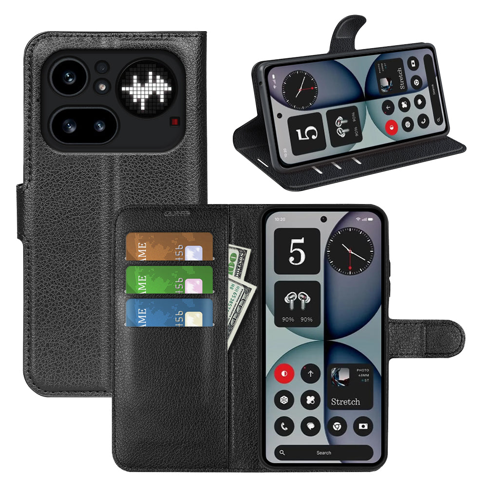 Wallet Case for Nothing Phone (4a) Pro – PU Leather Flip Cover with Card Holder & Stand [Black]