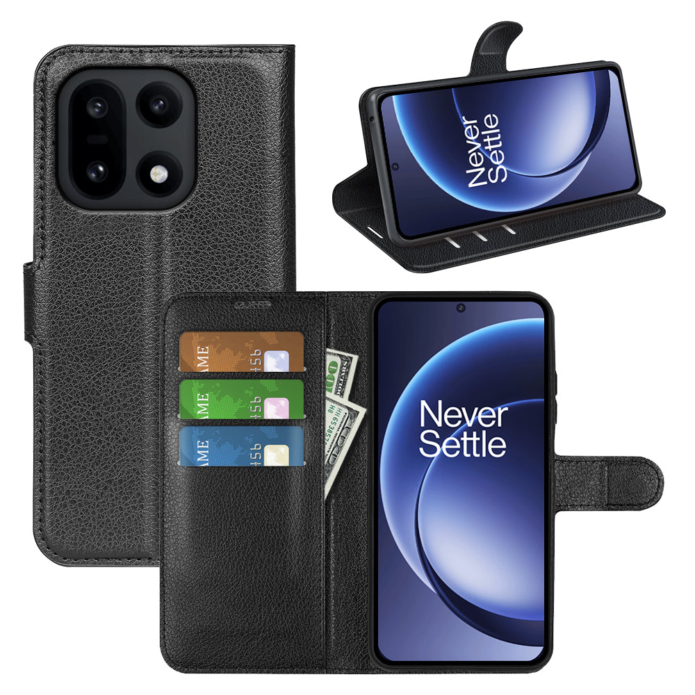 Wallet Case for OnePlus 15 – PU Leather Flip Cover with Card Holder & Stand [Black]