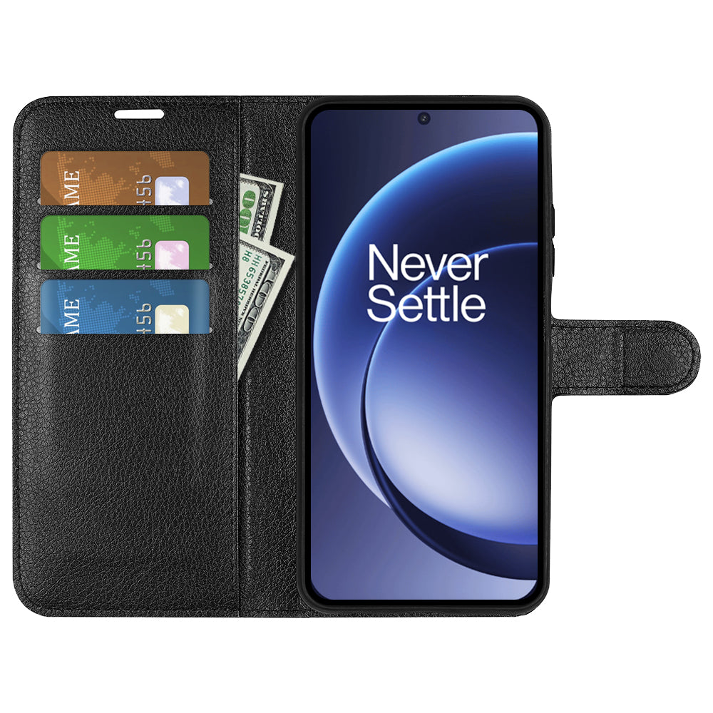 Wallet Case for OnePlus 15 – PU Leather Flip Cover with Card Holder & Stand [Black]